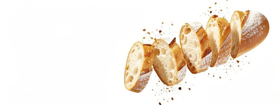 Freshly baked bread loaves with slices laid out on a white background during a baking session in a kitchen setting