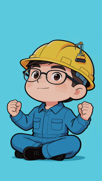Cute Chibi Construction Worker Character with Safety Helmet