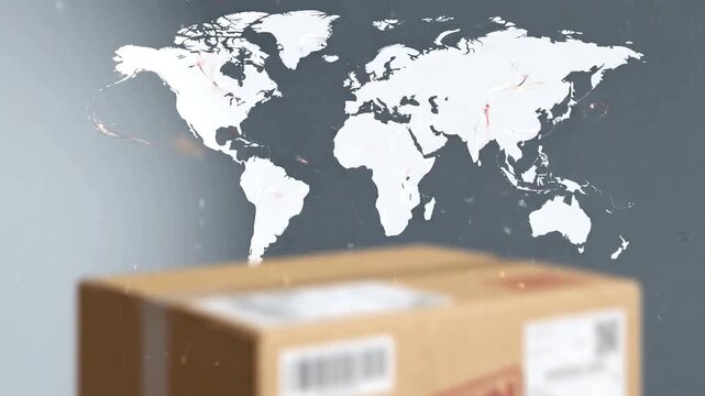 3D animation of a cardboard box with moving arrows and world map, premium global shipping logistics and international trade concept.