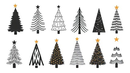 Obraz premium Various stylized christmas tree illustrations on a white background holiday design