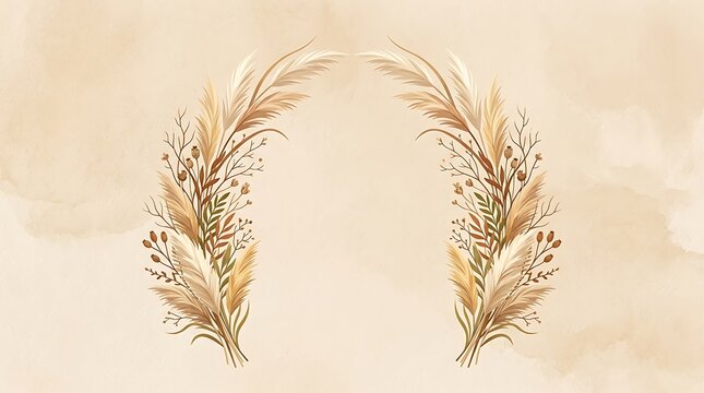Boho pampas grass botanical wreath arch on textured beige background