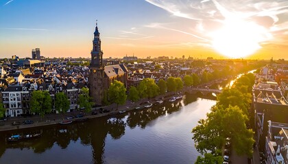 Obraz premium A serene cityscape at sunset with a river running through it