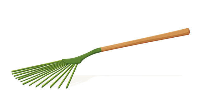 A gardening rake with a wooden handle and metal tines on white background