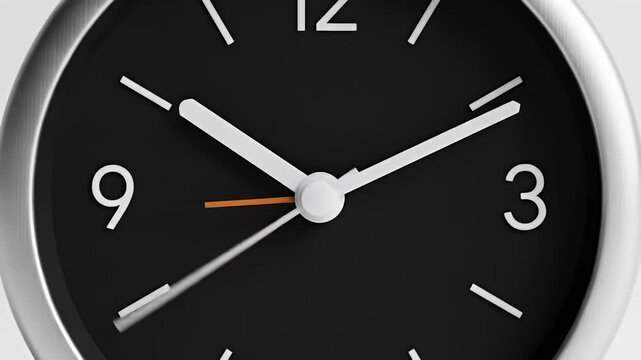 Close-up of a wall clock with a black face, white hands, and silver frame, showing time