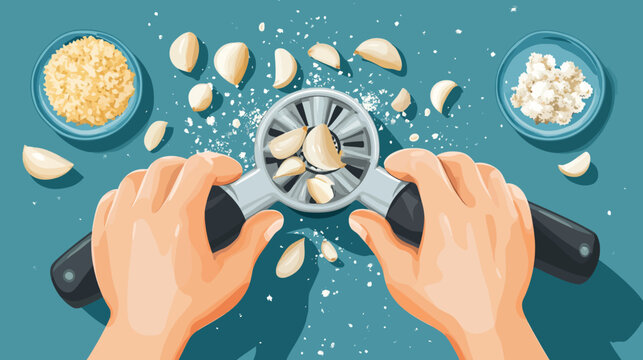 Person manually crushes garlic using a metal garlic press on blue surface