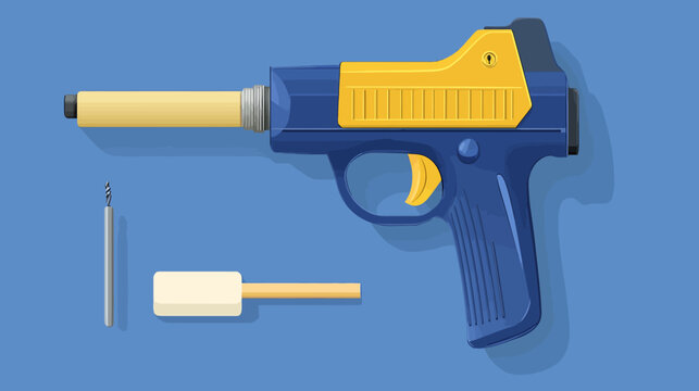 Illustrated toy gun with cleaning tools on a blue background
