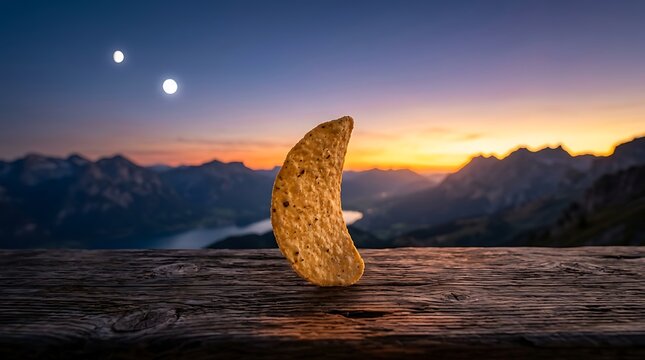 Surreal landscape of a crescent tortilla chip standing on a wooden surface against a mountain sunset with twin moons