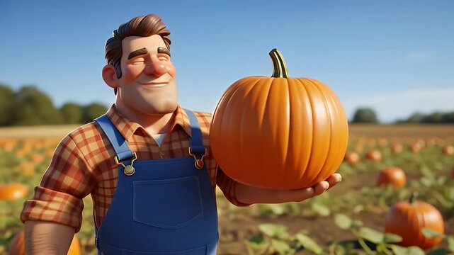 Animated farmer holding pumpkin in field with pumpkins and green foliage in background