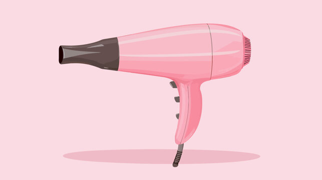 Illustration of a pink handheld hair dryer with a black nozzle on pink background