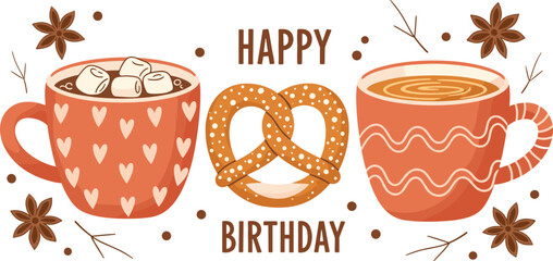 Happy birthday coffee cups with pretzel and marshmallow festive celebration greeting card vector illustration © MDNazmul