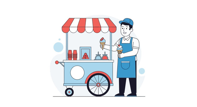 Ice Cream Vendor with Cart Serving Cones in Summer
