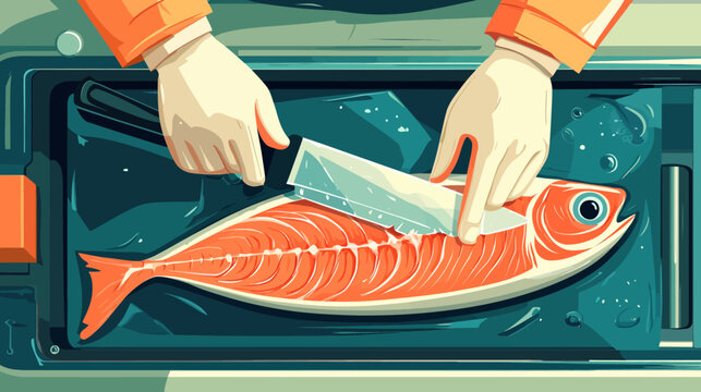 Person filleting fresh fish on a cutting board in kitchen