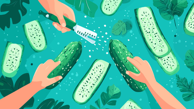 Two hands prepare cucumber slices with spray, surrounded by cucumbers