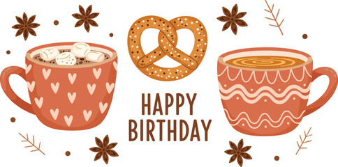 Happy birthday greeting with coffee cups pretzel and festive decorations cozy celebration vector illustration © MDNazmul