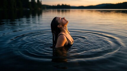 Fototapeta premium Spiritual relaxation woman bathing in golden lake at sunset