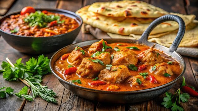 Delicious spicy indian chicken curry in a cast iron dish with naan bread