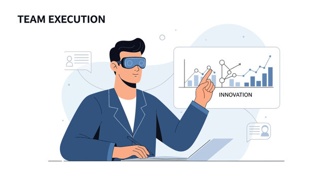 Man in VR headset analyzes virtual data, innovation concept