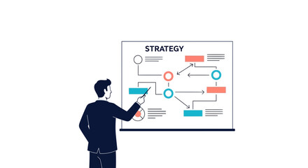 Fototapeta premium Man presenting strategy flowchart on a whiteboard for business planning and analysis.