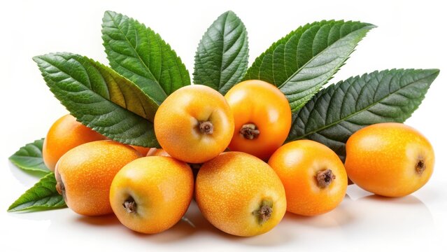 Fresh loquat fruit with leaf isolated on white background