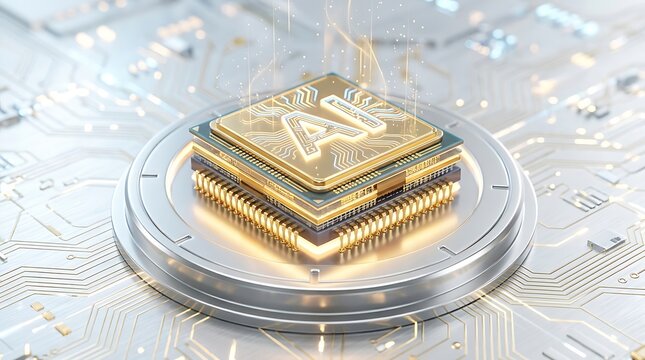Futuristic artificial intelligence AI chip on a white circuit board background, high-tech computer processor concept, 3D rendering.
