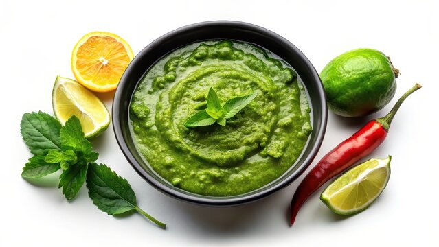 Aerial view of green chutney in a black ceramic bowl garnished with mint coriander lemon and green chili on a white background
