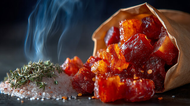 Spicy beef jerky chunks spilling from a paper bag with smoke homemade nutrition culinary