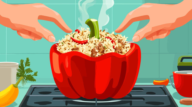 Hands stuffing seasoned rice mixture into a vibrant red pepper