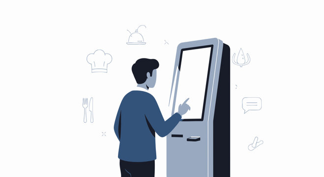 Man uses interactive kiosk for restaurant ordering and payment. Order food.