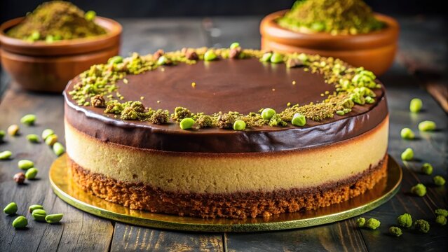 Dubai chocolate cheesecake  with  kataifi and pistachio paste trend dessert