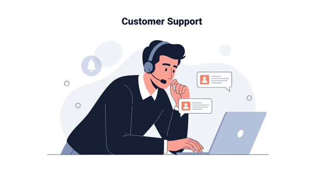 Man with Headset at Laptop, Customer Support Illustration