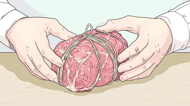 Hands tying a string around a raw piece of meat with visible muscle fibers
