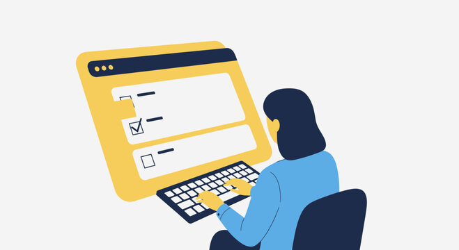 Person completing online survey on computer, checklist, digital form