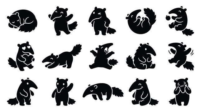 Collection of cute cartoon anteater silhouettes in various poses and expressions.