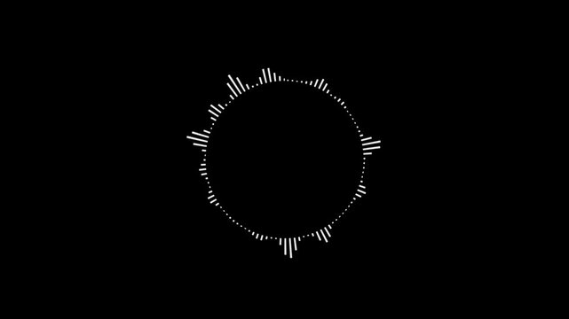 Glowing circle audio spectrum visualizer animation on transparent background. White circular audio spectrum visualizer. Circular interface audio voice music sound spectrum equalizer.