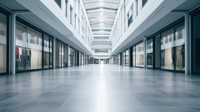 walkway. Spacious interior of contemporary shopping area with empty walkway. real-estate listings, architecture portfolios, designed for real-estate listing and luxury residence showcases.
