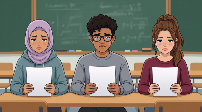 Three diverse teenage students sitting at a classroom desk looking sad, depressed, and disappointed while holding their failed test papers or exam results.