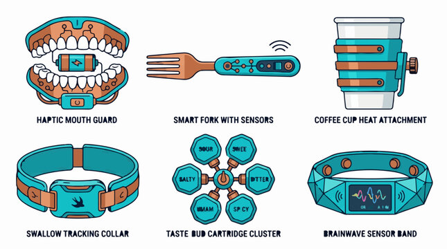 Futuristic smart devices vector illustration featuring a haptic mouth guard, smart fork, coffee cup heat attachment, swallow tracking collar, taste bud cluster, and brainwave sensor band