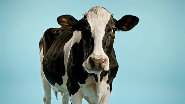 Black and white Holstein cow standing against blue background