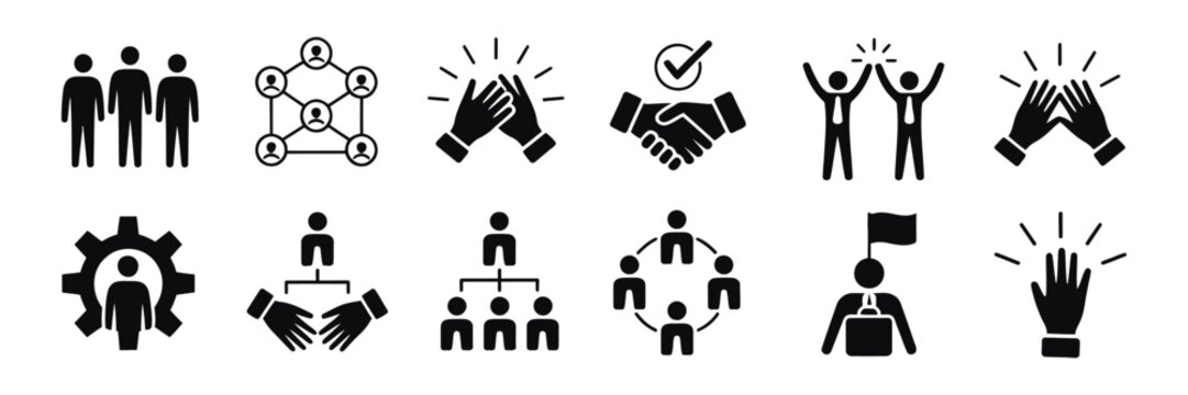 Business Teamwork icon vector set featuring Partnership, Collaboration, Handshake and Work Group symbols for Corporate and Management design projects.