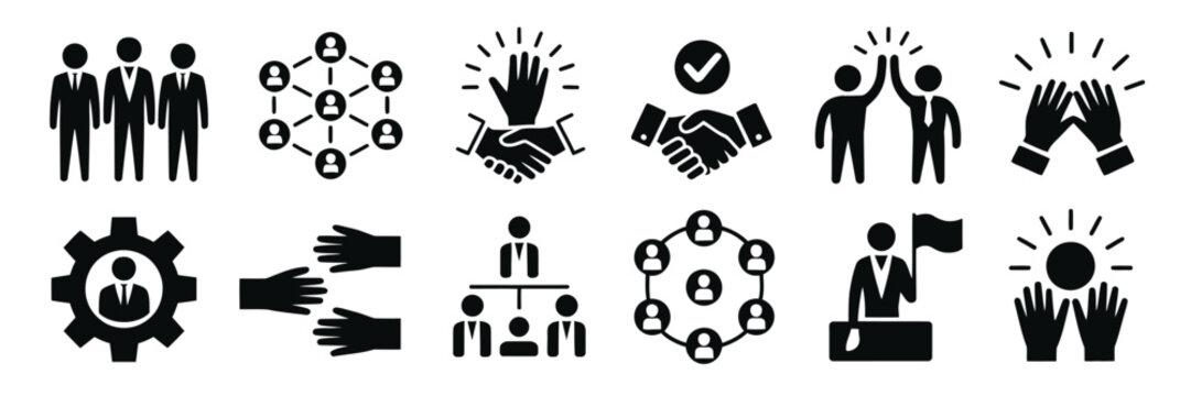 Business Teamwork icon vector set featuring Partnership, Collaboration, Handshake and Work Group symbols for Corporate and Management design projects.