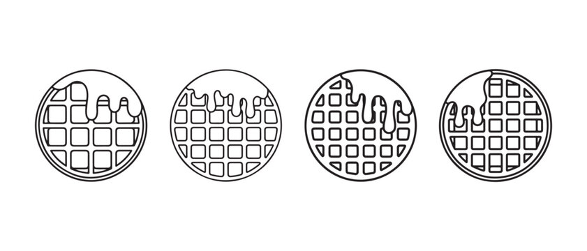 Four circular line art icons of waffles with dripping syrup or chocolate.