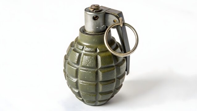 Close-up isolated fragmentation hand grenade on white background with metallic pin detail