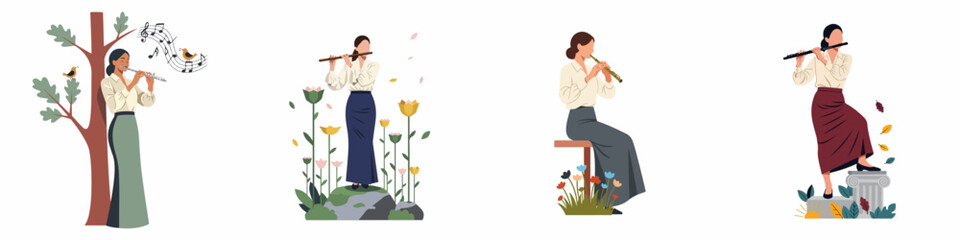 Set of elegant vector illustrations featuring a woman playing the flute in various outdoor and classical settings, representing music, nature, and art. © Nadya