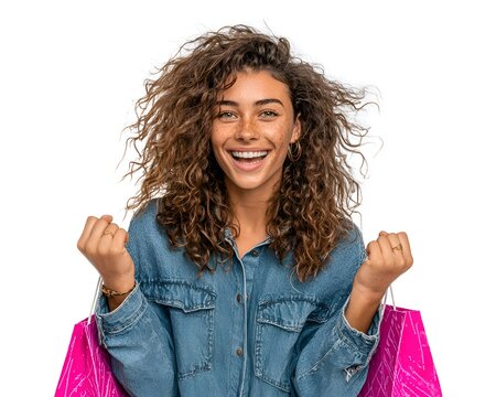 An attractive young woman with curly hair is ecstatically celebrating her shopping spree with pink bags against a bright white background.