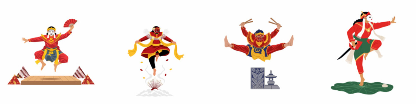 Set of traditional Indonesian mask dancers in dynamic jumping poses, featuring vibrant red costumes and cultural elements isolated on a white background.