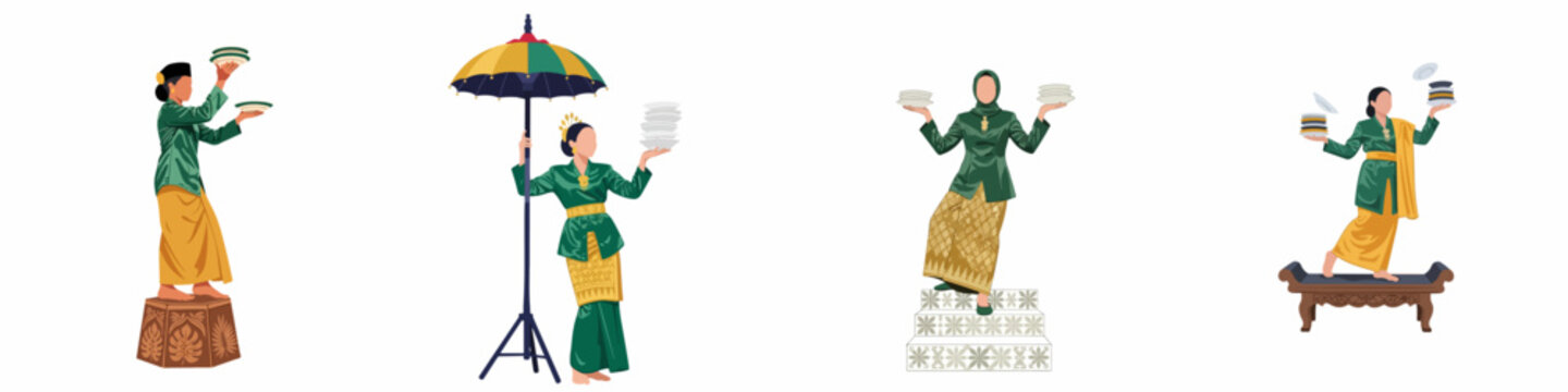 Set of four illustrations showing Indonesian women performing the traditional Minangkabau Tari Piring plate dance in green and gold attire.