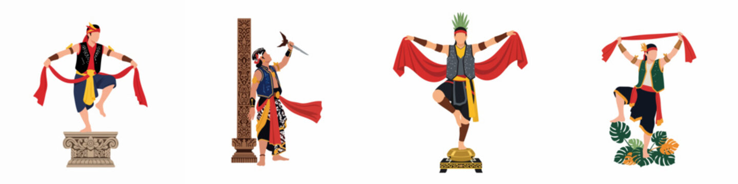 Collection of four male Indonesian traditional dancers in ethnic costumes performing various regional dance movements, isolated on a white background.