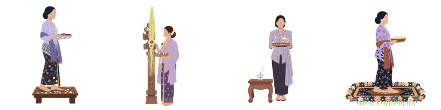 Traditional Indonesian Javanese Wedding Ritual Illustrations Featuring Women in Kebaya and Batik Attire