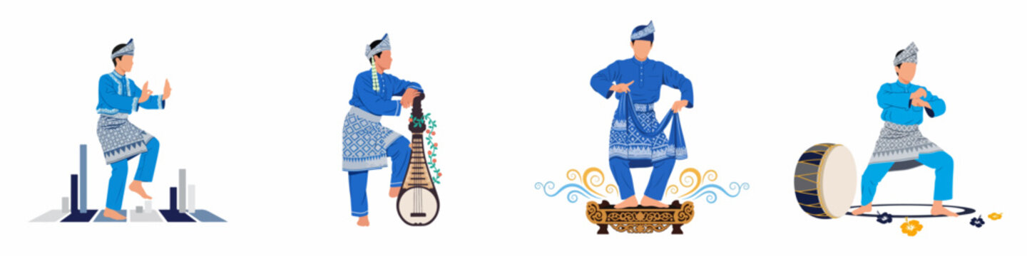 Traditional Malay Men Performing Cultural Heritage Activities including Silat Martial Arts, Dance, and Music in Blue Ethnic Attire Illustration Set