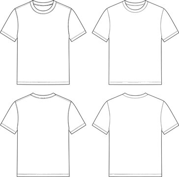 Technical fashion sketches of plain short-sleeve T-shirts front and back views with stitching and construction details